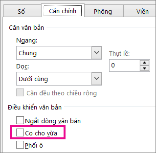 Hộp Thu nhỏ cho vừa khít trên tab Căn chỉnh của hộp thoại Định dạng Ô