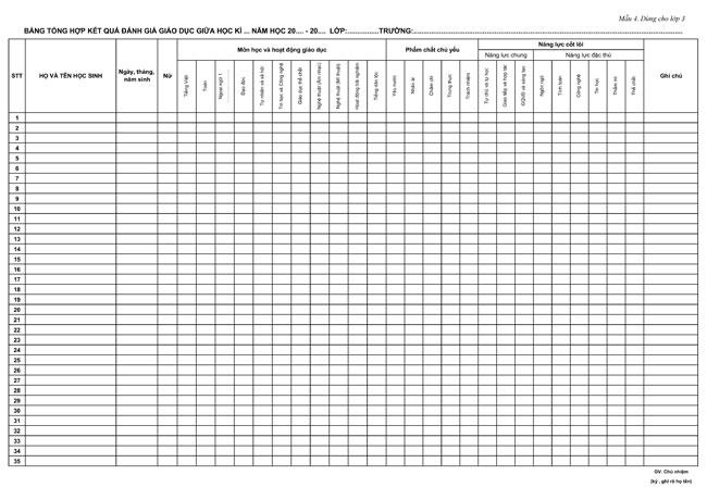Mẫu 4: Bảng tổng hợp kết quả đánh giá giáo dục giữa học kì