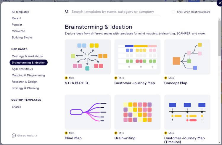 brainstorm-ideation Mẫu bảng trắng của Miro cho Zoom