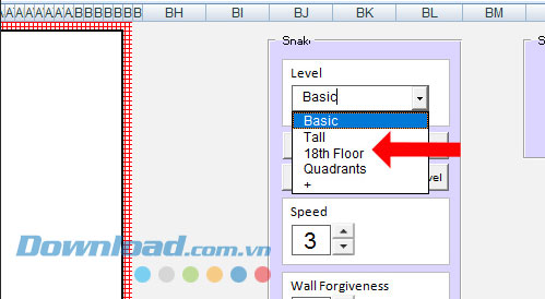 Thay đổi chế độ chơi hay mức khó của game rắn săn mồi trên Excel