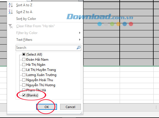 Tìm kiếm dòng trống trên bảng tính Excel
