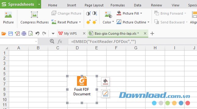 Chèn xong file PDF vào Excel