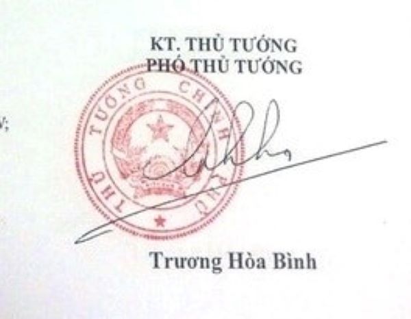 Chữ ký thủ tướng Trương Hòa Bình