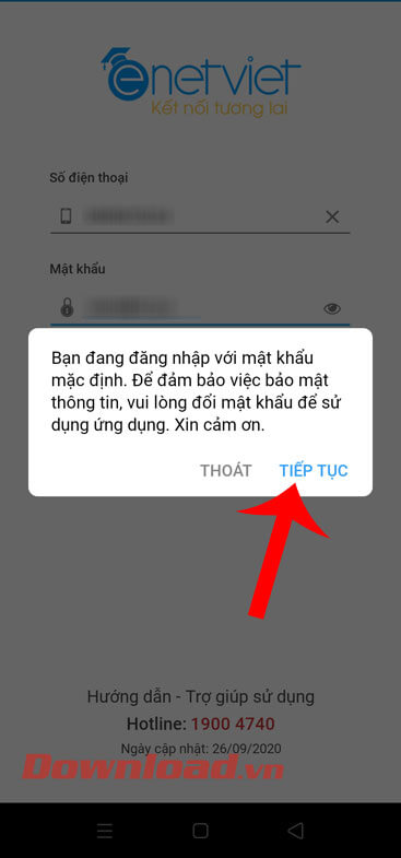 Ấn vào nút Tiếp tục