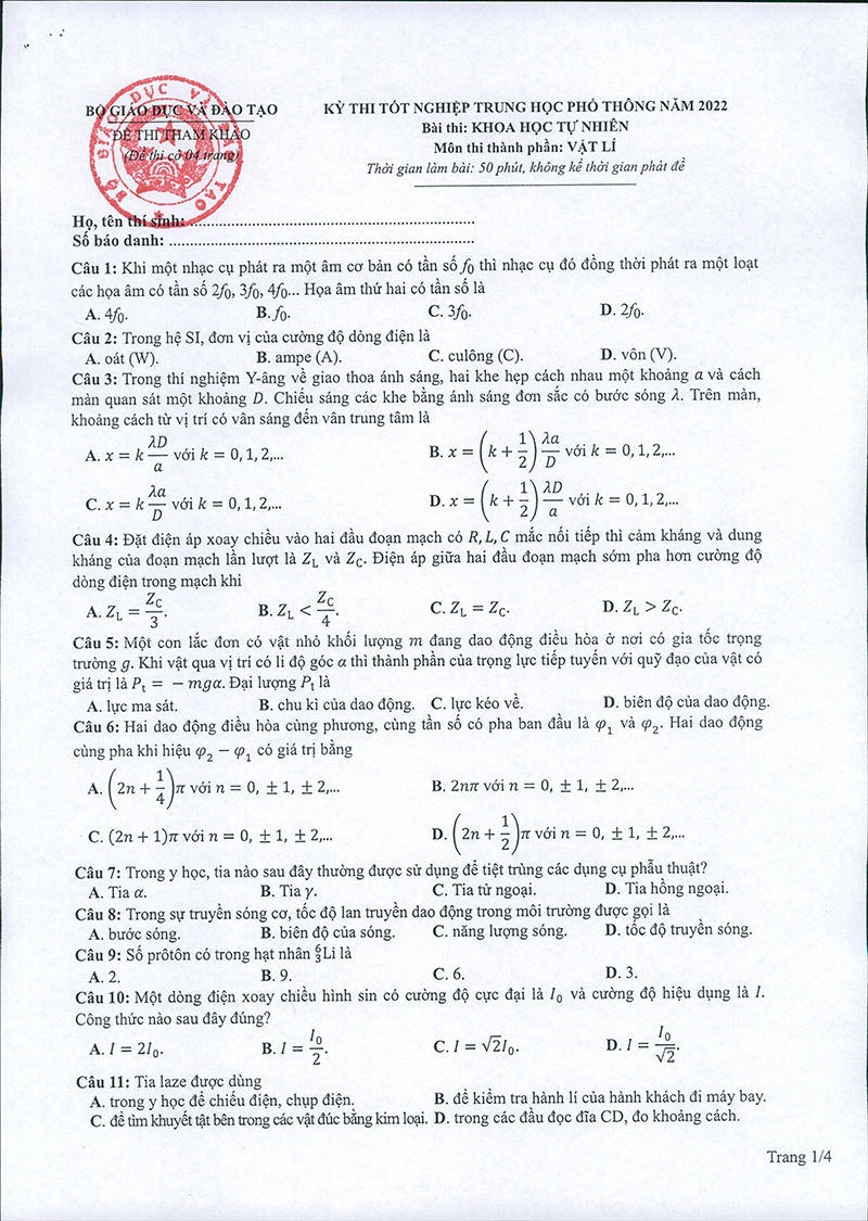 Đề thi Vật lý THPT Quốc gia 2022. Đề thi Lý THPT Quốc gia năm 2022. Đề thi Lý | TTVH Online