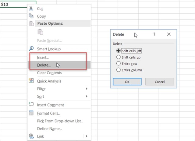 Xóa ô trong excel