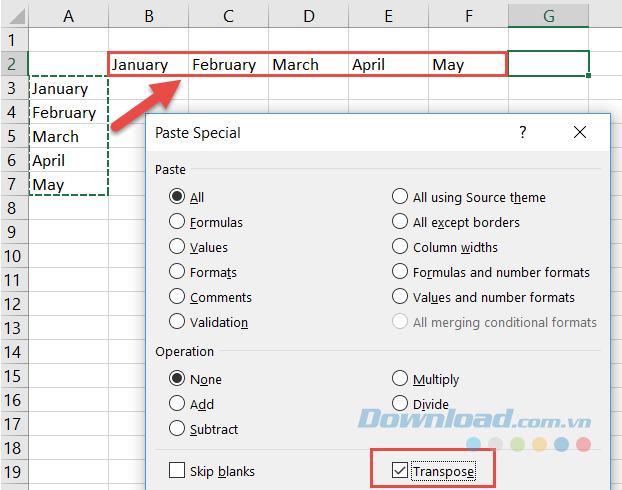 Chuyển dòng sang cột trên Microsoft Excel