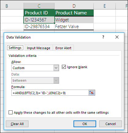 Ví dụ công thức trong xác thực dữ liệu ở Excel