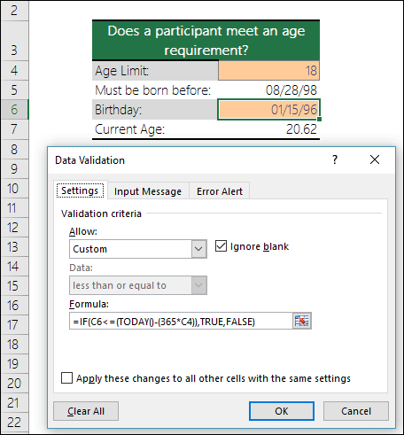 Ví dụ 3 về công thức trong xác thực dữ liệu ở Excel