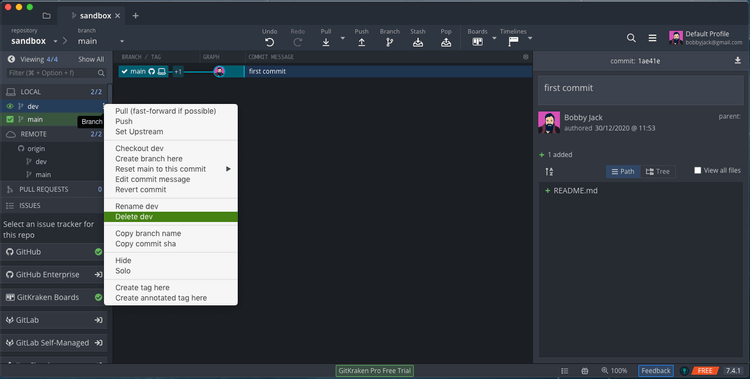 gitkraken-delete-local GitKraken xóa nhánh Git cục bộ