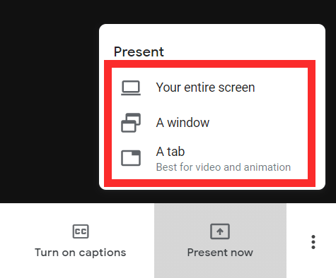 how-to-share-screen-on-google-meet-3 Tùy chọn chia sẻ màn hình trên Google Meet