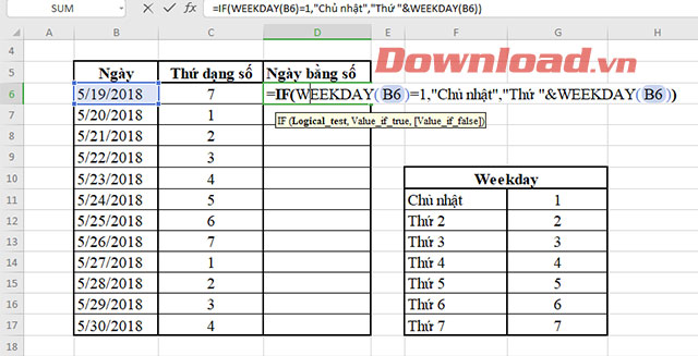 huong-dan-dung-ham-weekday-trong-excel-1-1 Công thức sử dụng 2 hàm lồng nhau để nhận kết quả là thứ bằng số