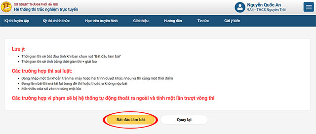 Bắt đầu làm bài thi
