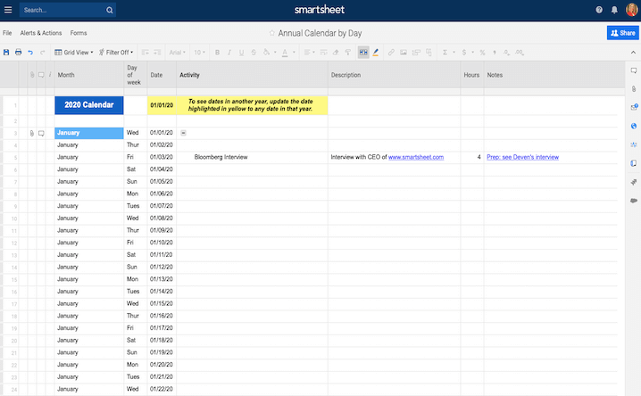 Liệt kê thông tin lịch bằng Smartsheet