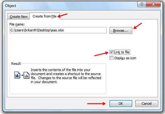 insert-excel-into-word-5-object Chọn file Excel đính kèm file Word