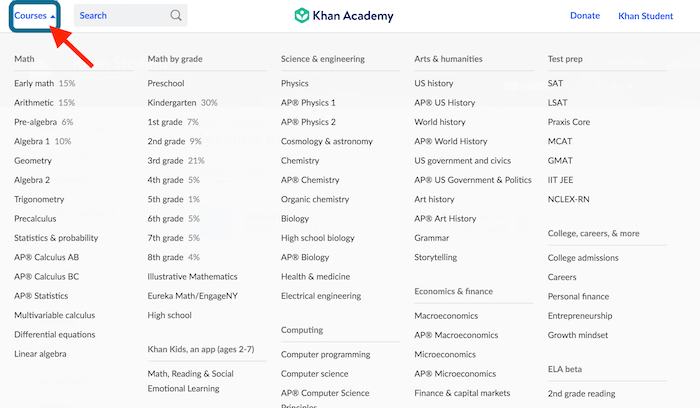 Chọn khóa học trong Khan Academy