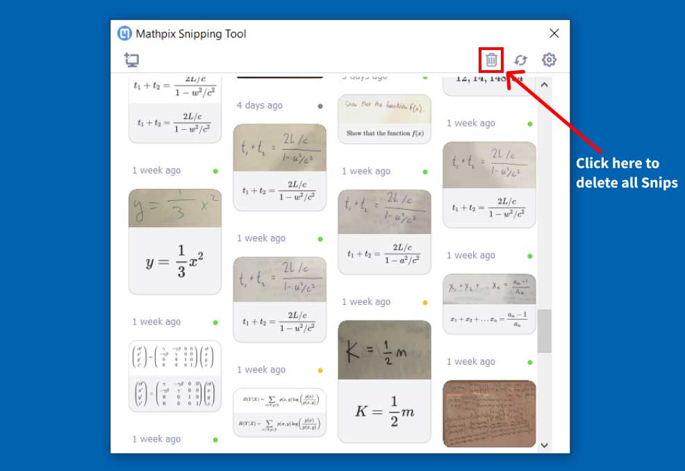 Nút xóa ảnh chụp trên Mathpix Snip