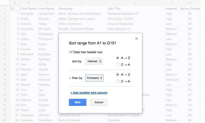 multi-level-data-sort-googlesheets Click add another sort column để bổ sung nhiều quy tắc sắp xếp dữ liệu hơn cho bảng tính Google Sheets