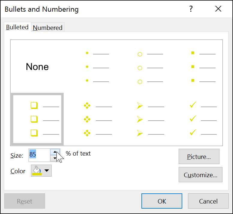 powerpoint-lists-bullet-command-10 Chọn kích thước Bullets and Numbering