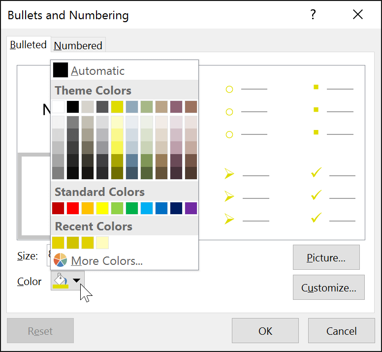 powerpoint-lists-bullet-command-11 Chọn màu bullet hoặc số bạn muốn