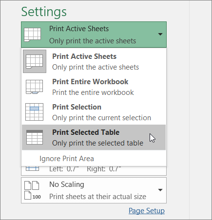 print-excel In bảng lựa chọn trong Excel