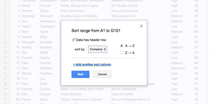 sort-range-menu-googlesheets Tích vào tùy chọn bạn muốn Google Sheets áp dụng cho vùng lựa chọn