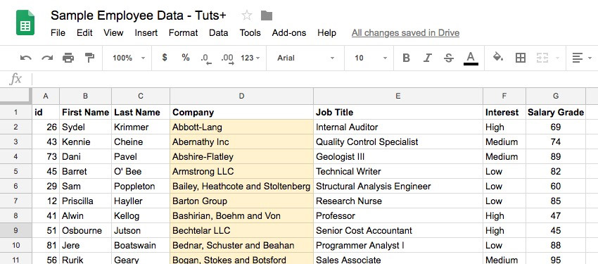 sorted-by-company-googlesheets Bảng tính sau khi áp dụng công cụ phân loại của Google Sheets