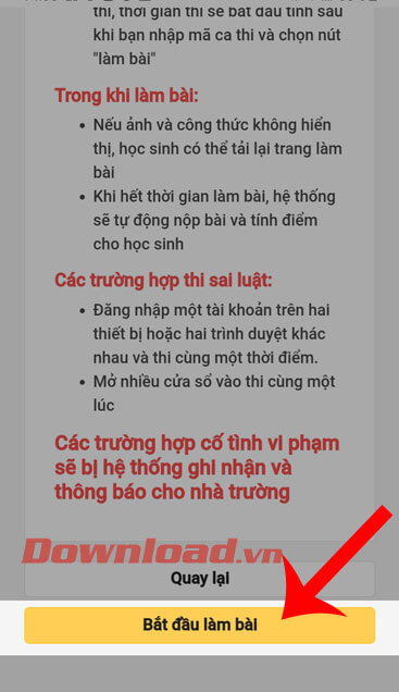 Chạm vào nút Bắt đầu làm bài