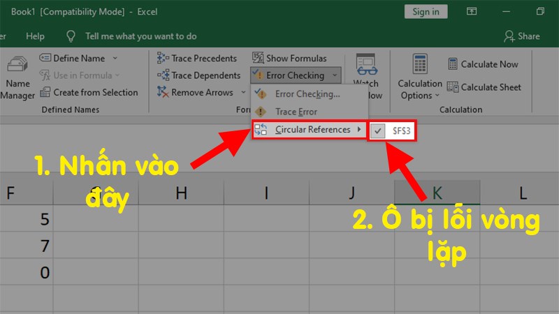 Ở danh sách xổ xuống > Chọn Circular References > Ở đây Excel sẽ chỉ cho bạn ô bị lỗi vòng lặp