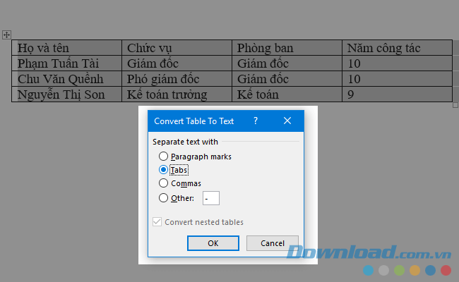 Chuyển dữ liệu bảng sang văn bản