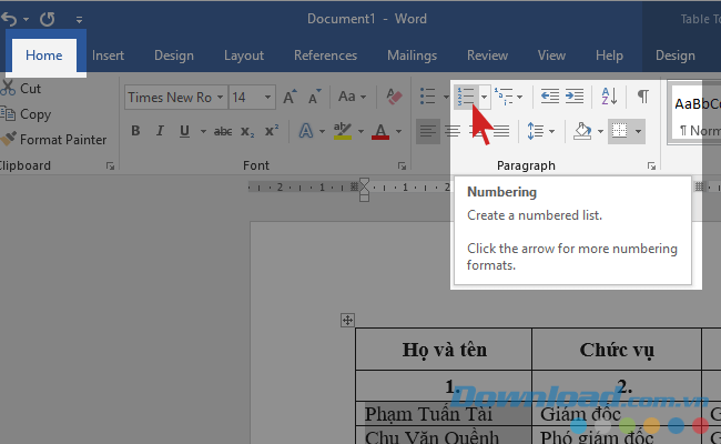 Điền số thứ tự vào trong bảng Word