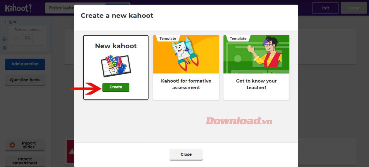 Click Create để tạo kahoot