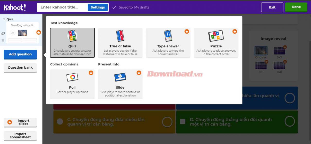 Lựa chọn một kiểu câu hỏi kiểm tra bạn muốn trên Kahoot!