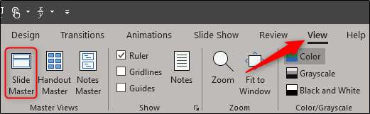 Mở PowerPoint, vào tab View và click vào nút Slide Master