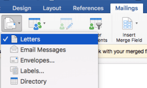 Vào Word, bên dưới Mailings, chọn loại là Letters