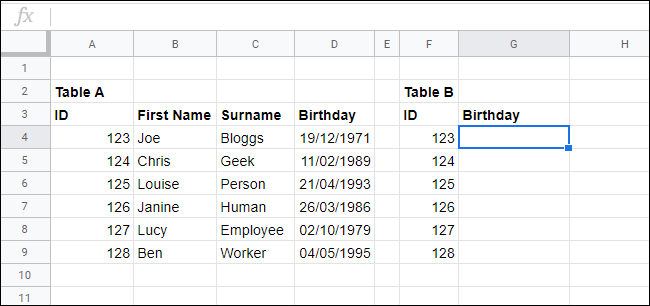 vlookup-single-sheet Bảng tính trên Google Sheets