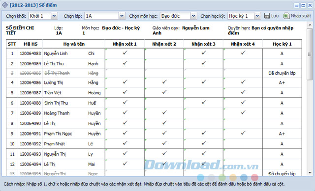 Với môn học đánh giá bằng nhận xét